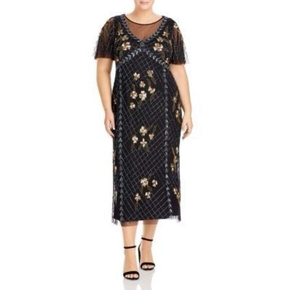 NEW Adrianna Papell Flutter Sleeve Beaded Gown in Black Gold Size 14 - Picture 1 of 11